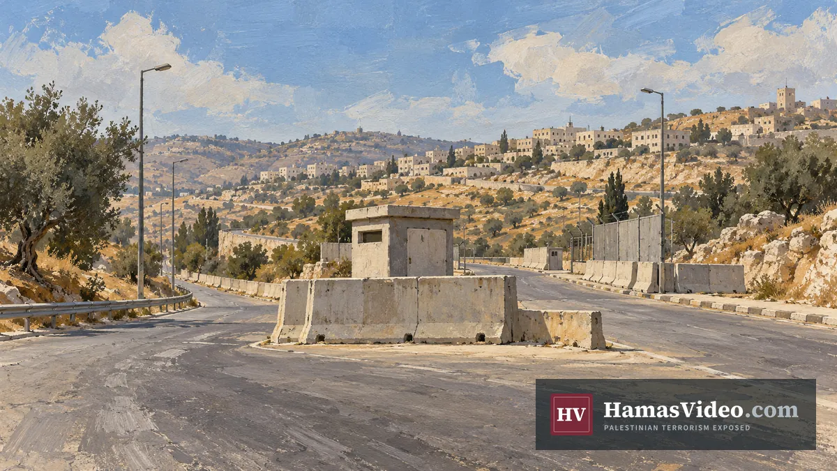 Conceptual illustration of an Israeli military checkpoint and a magnifying glass over a stylized map of Judea and Samaria.