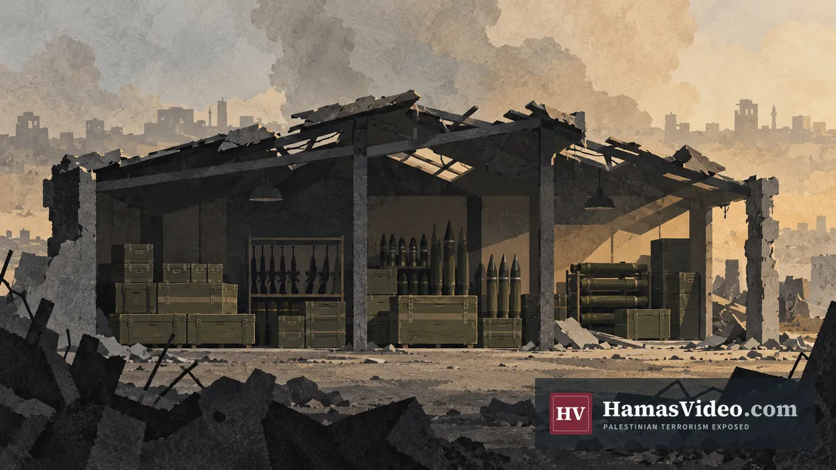 AI-generated conceptual illustration of a damaged weapons warehouse, not a photograph of Gaza or the actual strikes.