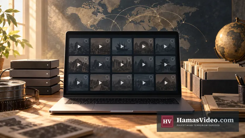 Editorial illustration of an open laptop with abstract video tiles, storage drives and archival folders.