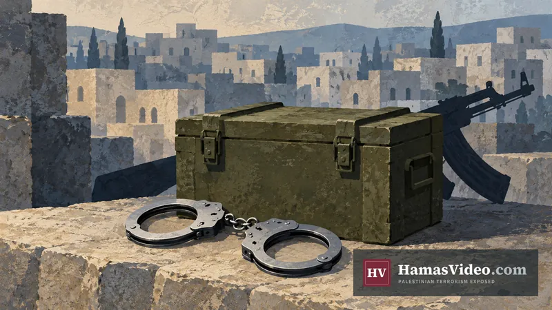 AI-generated conceptual illustration of handcuffs and a weapons crate, not a photograph of Jenin, the suspects or the actual raid.