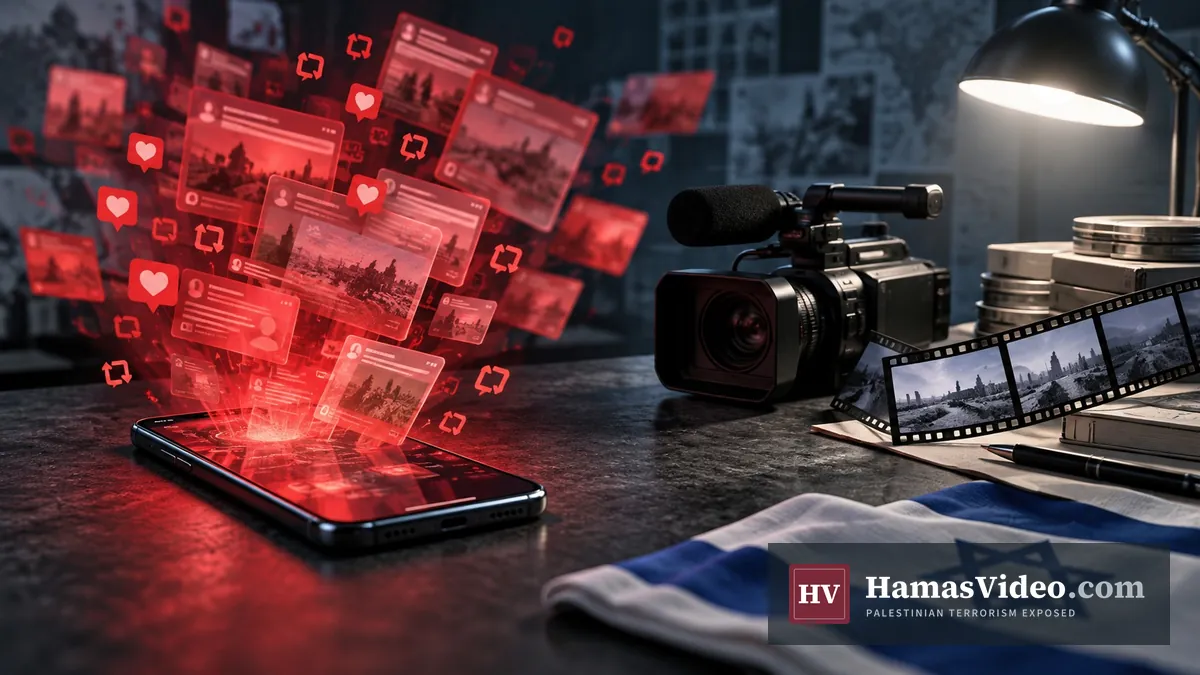 Conceptual illustration of red social media cards rising from a phone beside a video camera, film strip and Israeli flag.