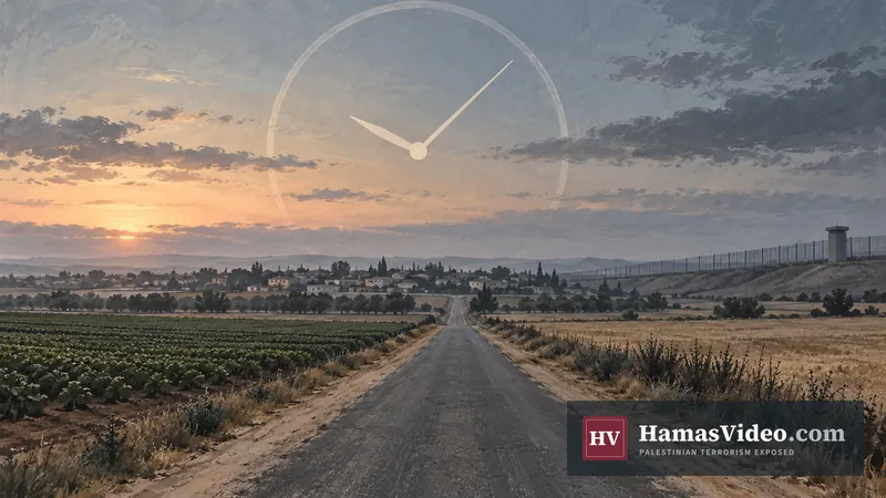 Conceptual editorial illustration of a rural road near a border fence at dawn, with an unnumbered clock motif.