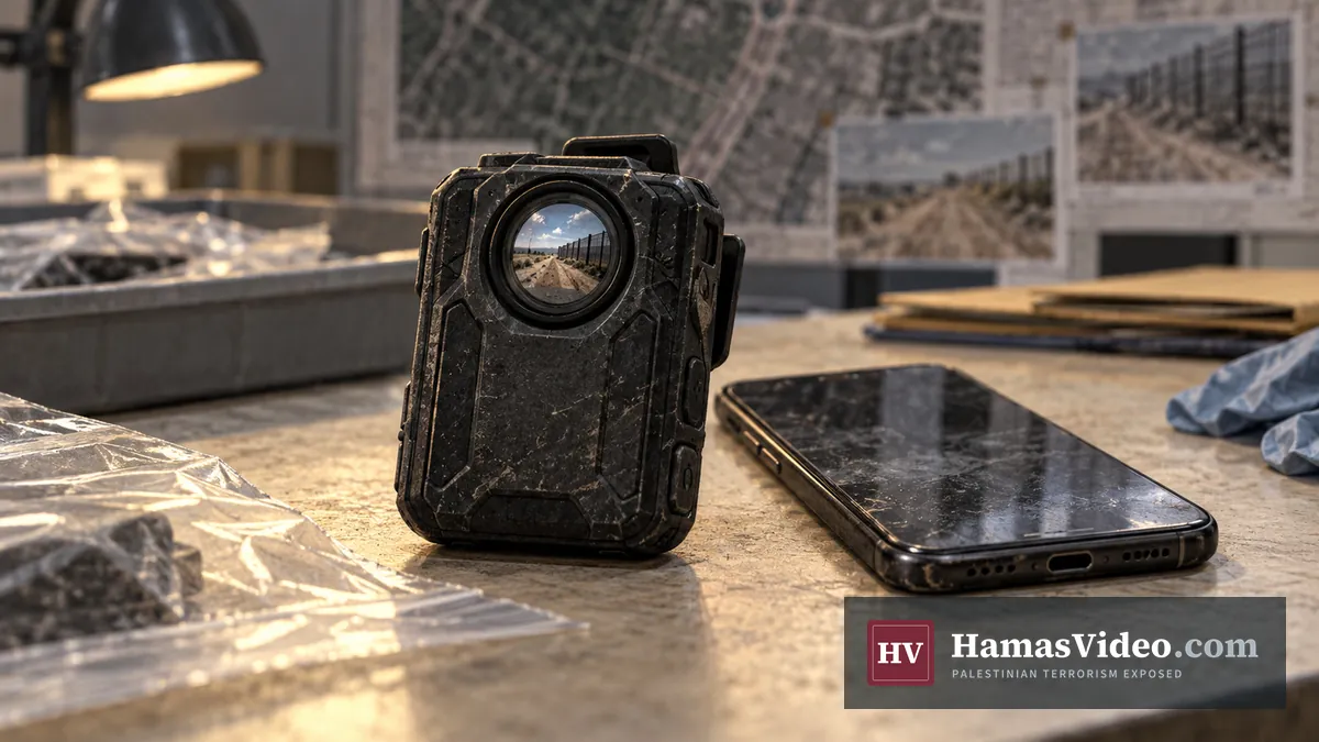 Editorial illustration of a wearable camera and mobile phone on an evidence examination desk.