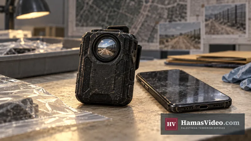 Editorial illustration of a wearable camera and mobile phone on an evidence examination desk.