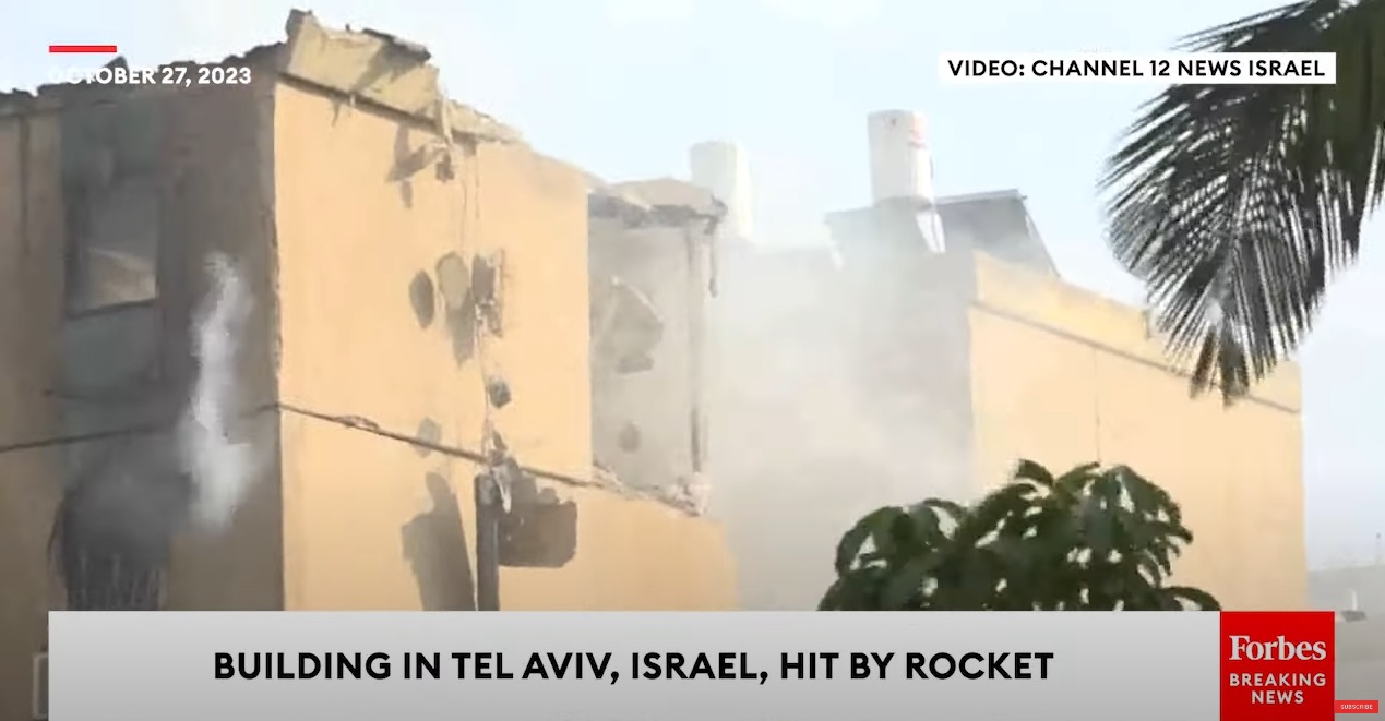 VIDEO, 27th October 2023, Palestinian Terrorist Group Rocket Barrage on Civilians, Building in Tel Aviv Hit